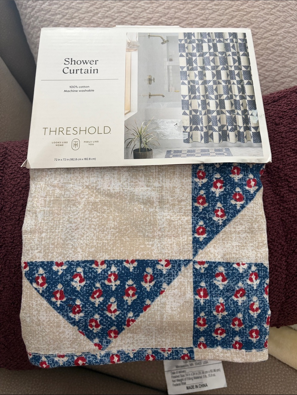 Threshold Cotton Shower Curtain in Beige, Navy & Red Geometric Patchwork